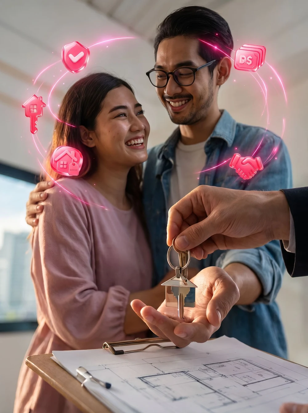 Casal recebendo as chaves de um imóvel, com elementos visuais rosa da Alugsim