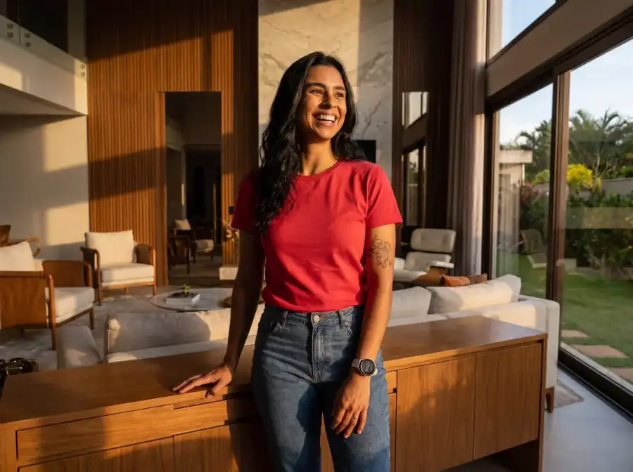 Bruna apresenta a Alugsim em um ambiente residencial
